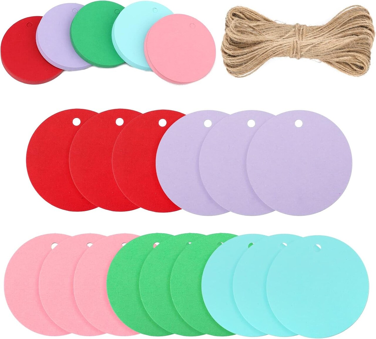 100PCS Gift Tag with String,2'' round Paper Tags Blank Hang Tags Circle Tags with Holes for Craft Projects, Xmas Gift, DIY Wedding Favor Bag(Colourful)